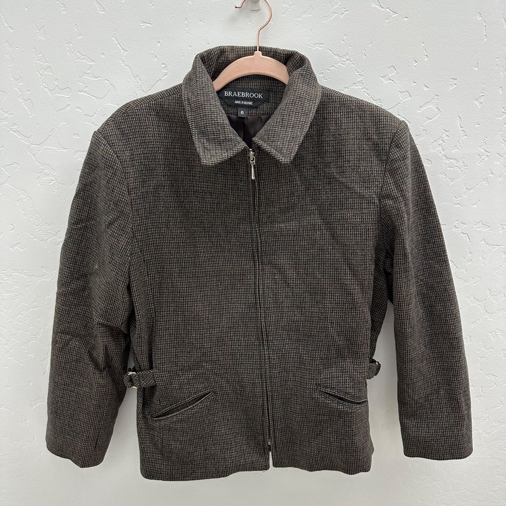 Braebrook Womens Wool Lined Brown Plaid Peplum Coat Jacket Size 6